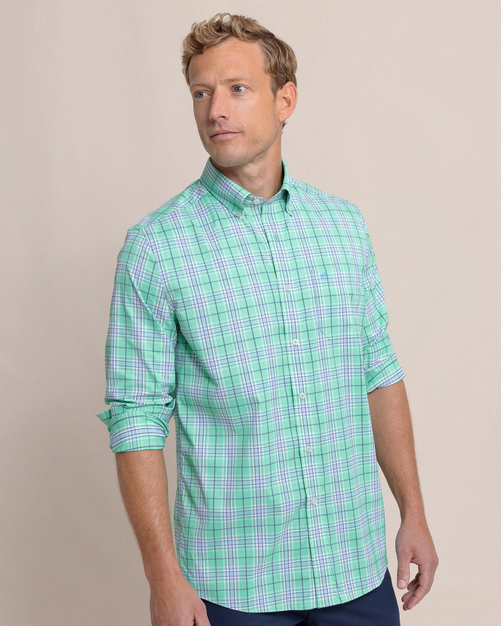 The side view of the Southern Tide River Point Plaid Intercoastal Long Sleeve Sport Shirt by Southern Tide - Jade Green