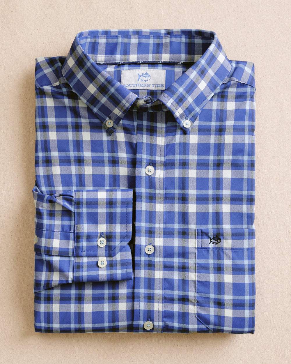 The front view of the Southern Tide River Ridge Plaid brrr°® Intercoastal Long Sleeve Sport Shirt by Southern Tide - Surf Blue