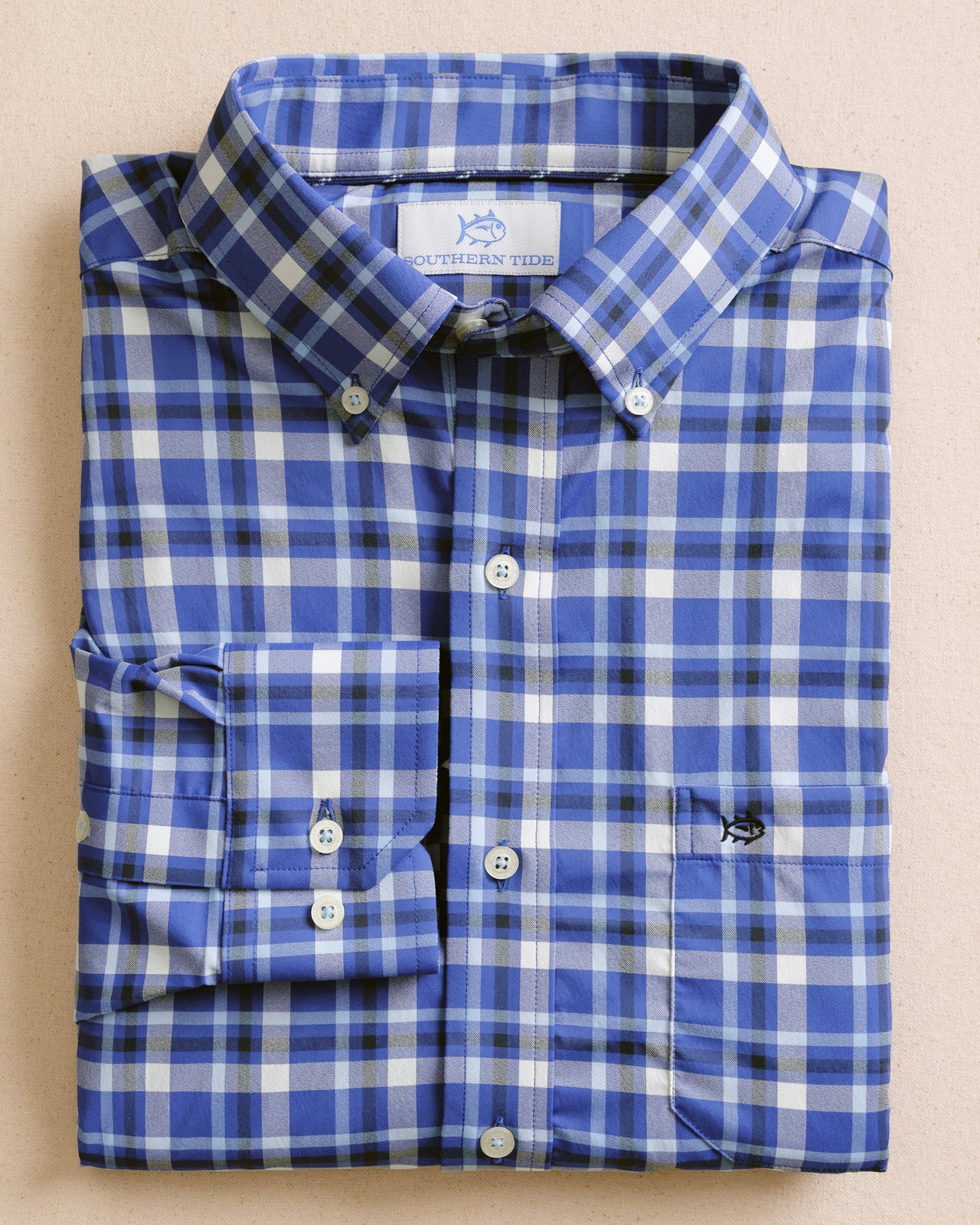 The front view of the Southern Tide River Ridge Plaid brrr°® Intercoastal Long Sleeve Sport Shirt by Southern Tide - Surf Blue