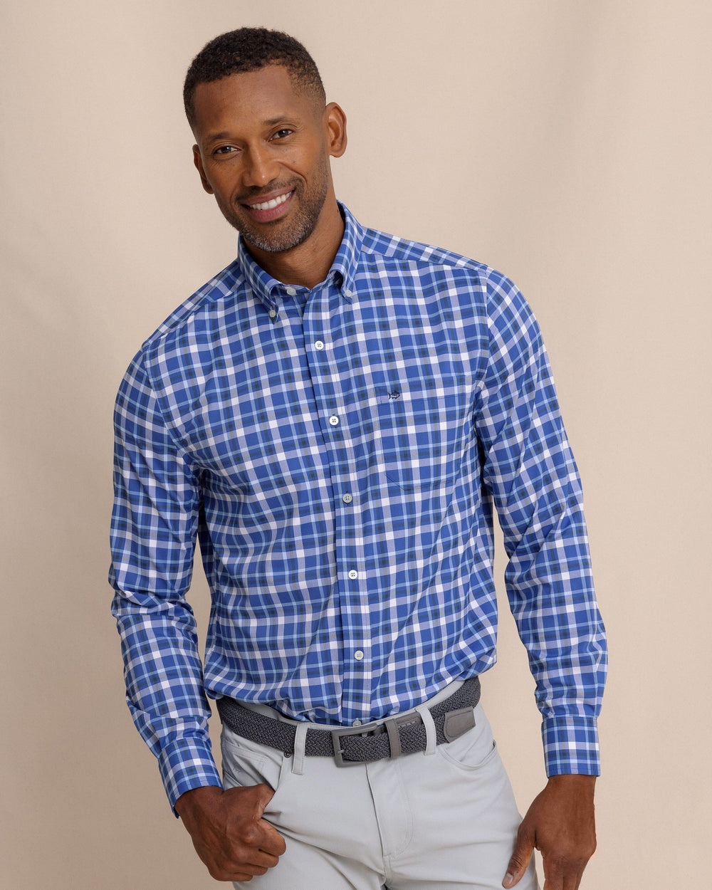 The front view of the Southern Tide River Ridge Plaid brrr°® Intercoastal Long Sleeve Sport Shirt by Southern Tide - Surf Blue