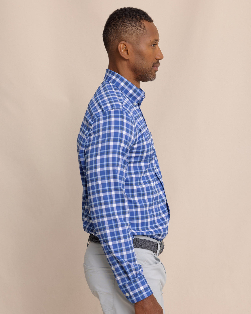 The side view of the Southern Tide River Ridge Plaid brrr°® Intercoastal Long Sleeve Sport Shirt by Southern Tide - Surf Blue