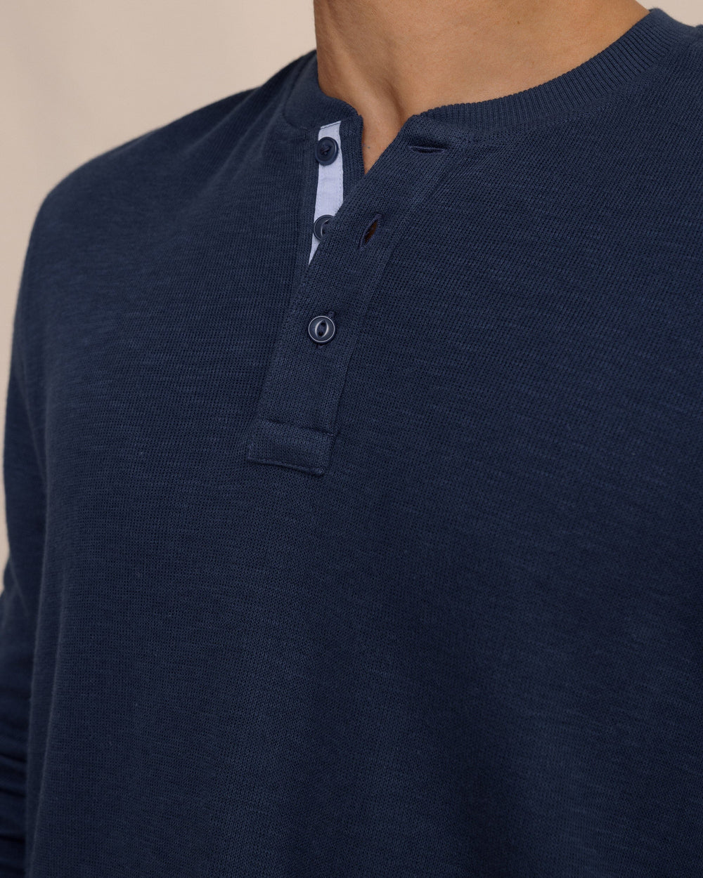 The detail view of the Southern Tide Riveroak Rib Knit Henley by Southern Tide - Dress Blue