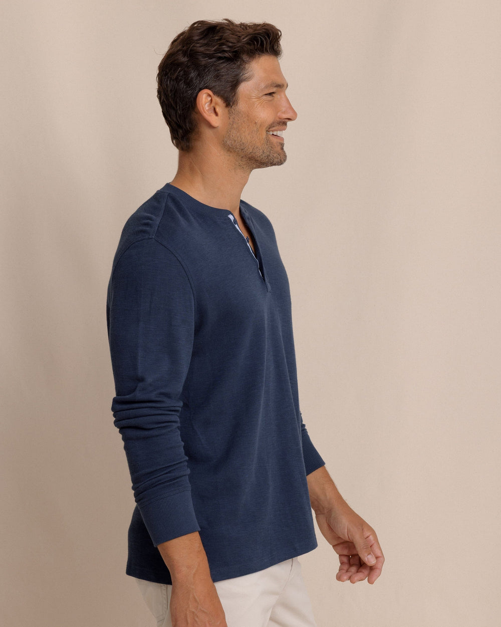 The side view of the Southern Tide Riveroak Rib Knit Henley by Southern Tide - Dress Blue