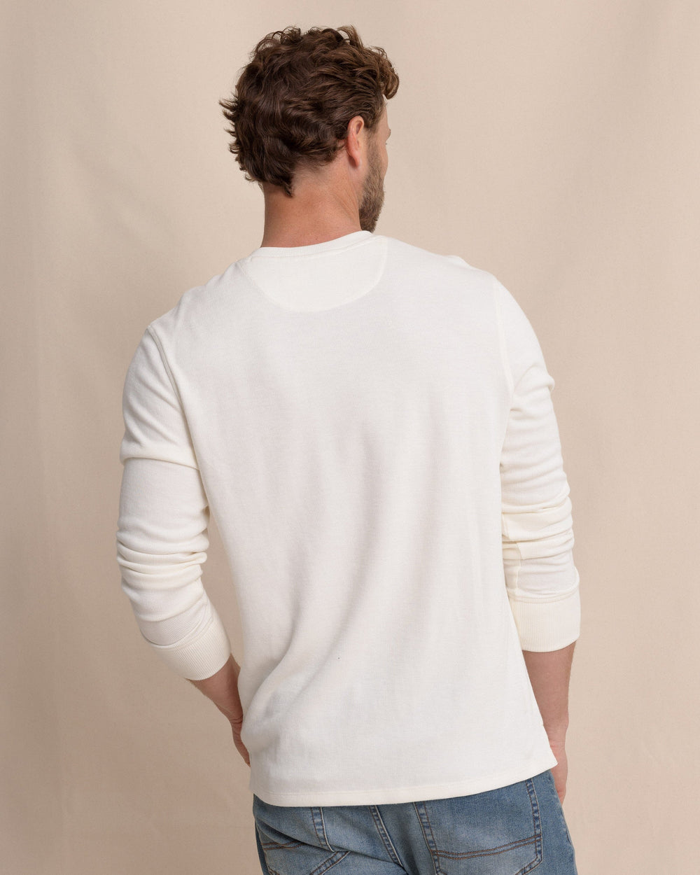 The back view of the Southern Tide Riveroak Rib Knit Henley by Southern Tide - Sand White
