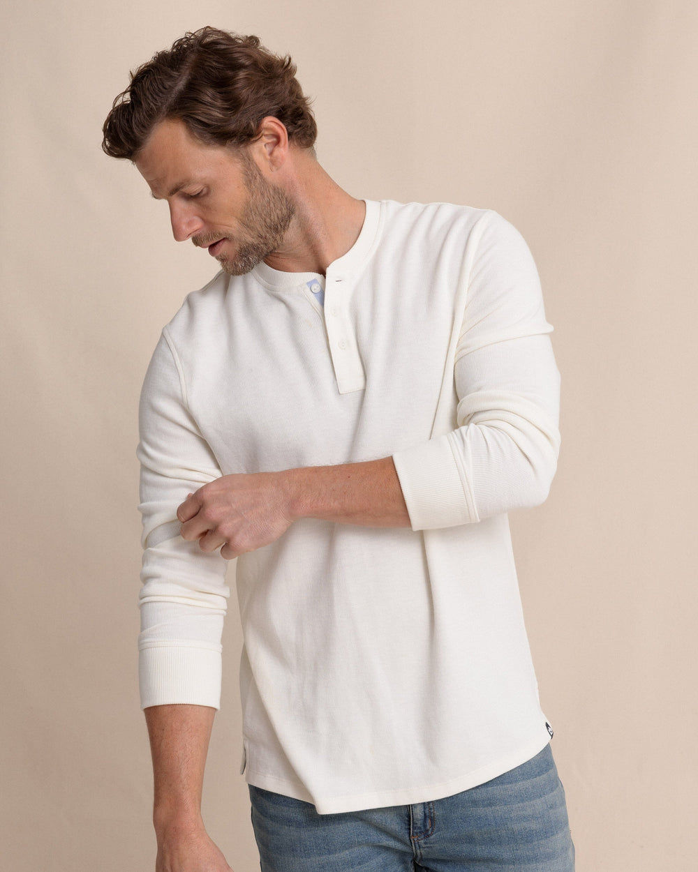 The front view of the Southern Tide Riveroak Rib Knit Henley by Southern Tide - Sand White