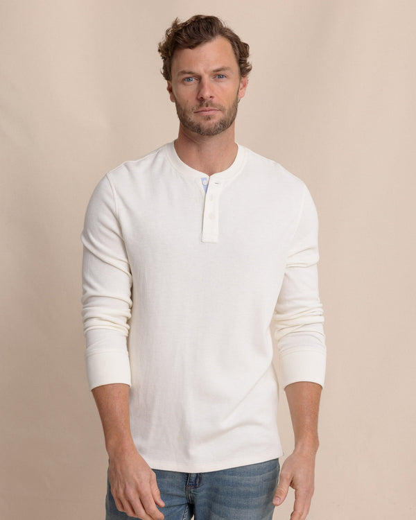 The front view of the Southern Tide Riveroak Rib Knit Henley by Southern Tide - Sand White