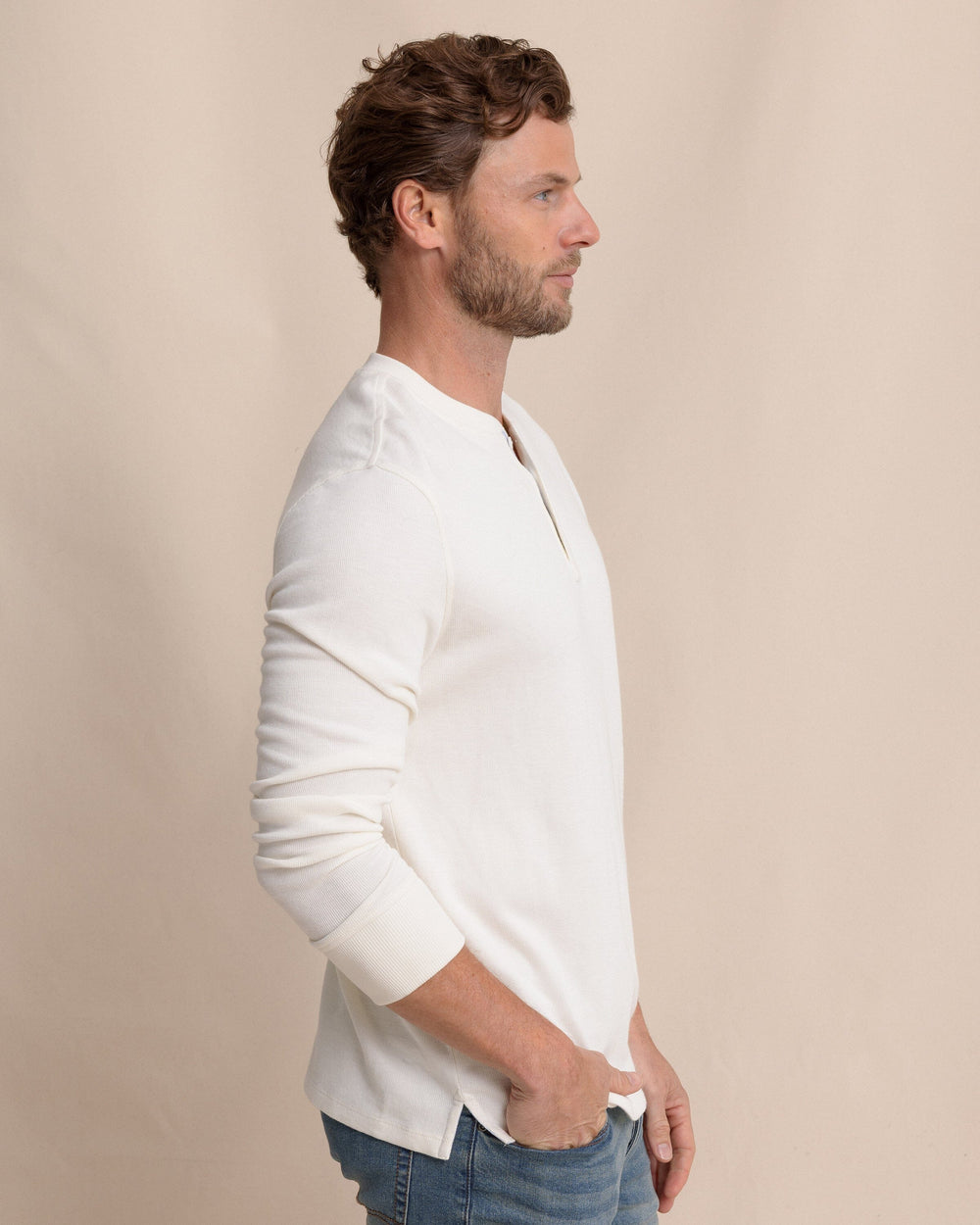 The side view of the Southern Tide Riveroak Rib Knit Henley by Southern Tide - Sand White