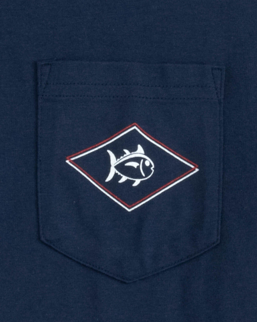The detail view of the Southern Tide Rod and Reel Flag Short Sleeve T-Shirt by Southern Tide - Navy
