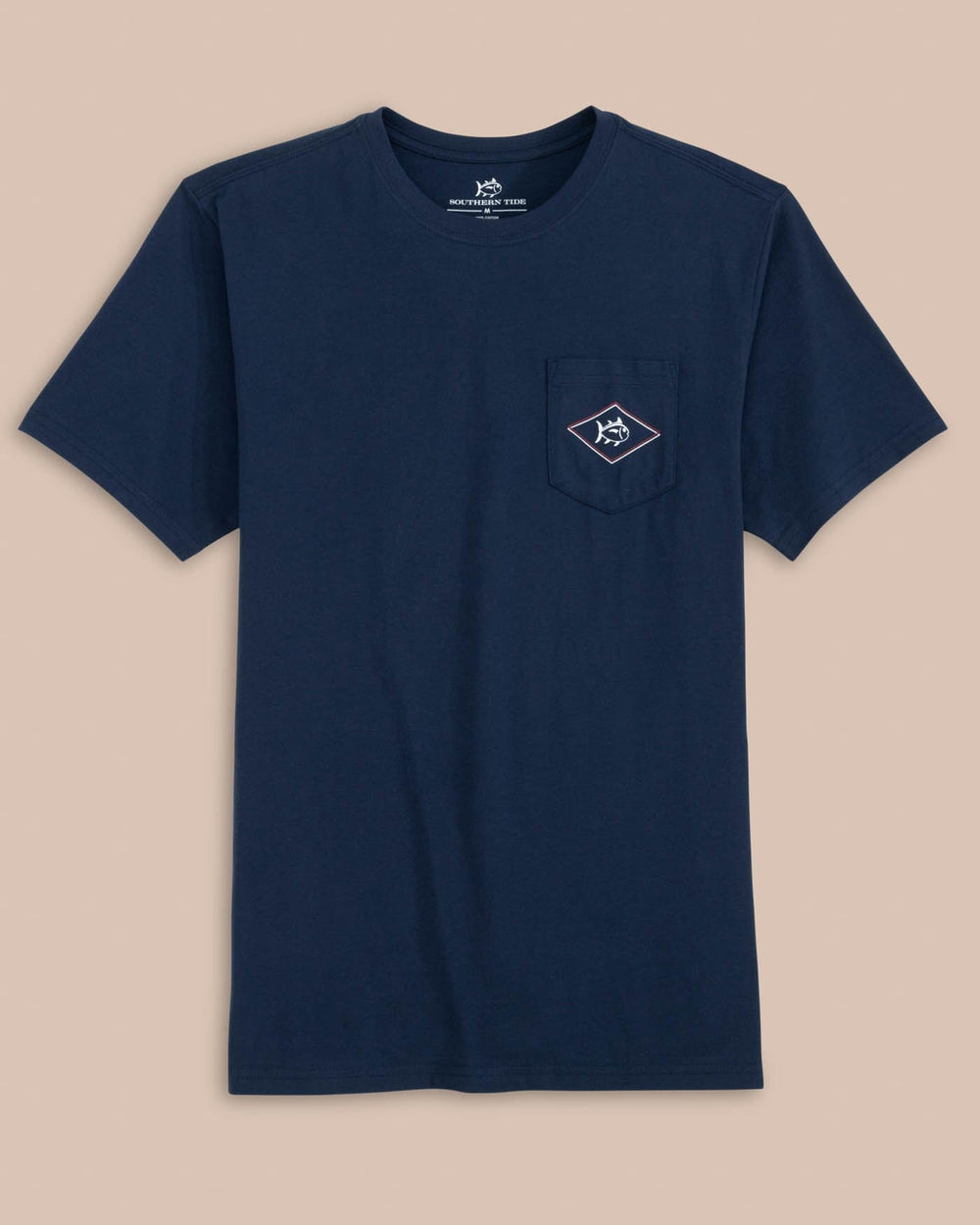 The front view of the Southern Tide Rod and Reel Flag Short Sleeve T-Shirt by Southern Tide - Navy