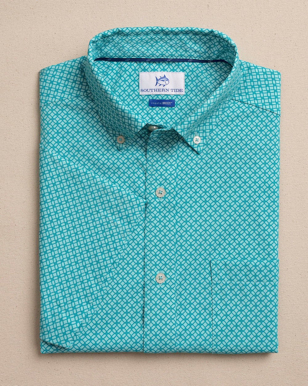 The front view of the Southern Tide Rope Weave Coastal Breeze® Short Sleeve Sport Shirt by Southern Tide - Tame Teal