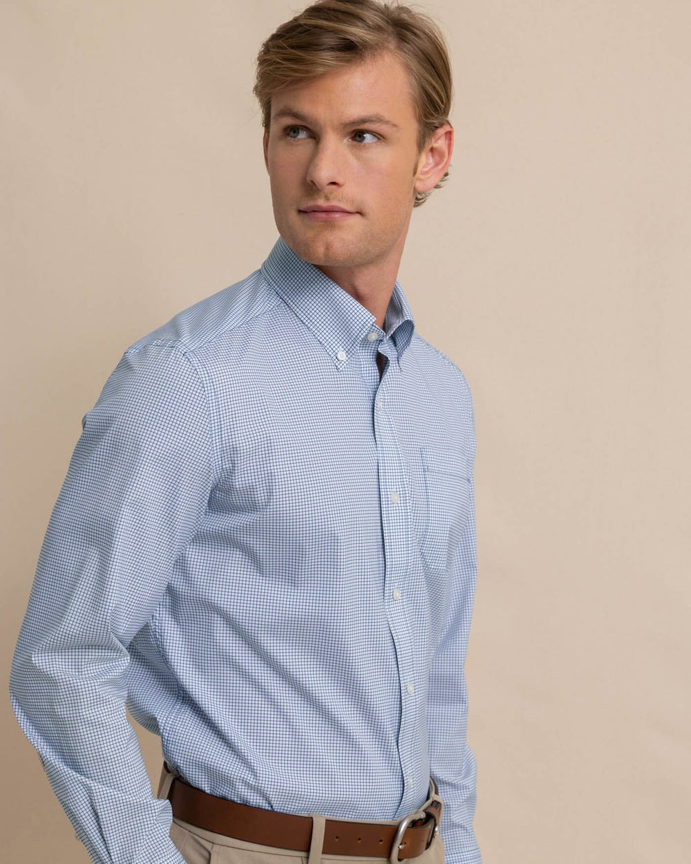 The front view of the Men's Rosemont Brrr® Intercoastal Performance Sport Shirt by Southern Tide - Seven Seas Blue