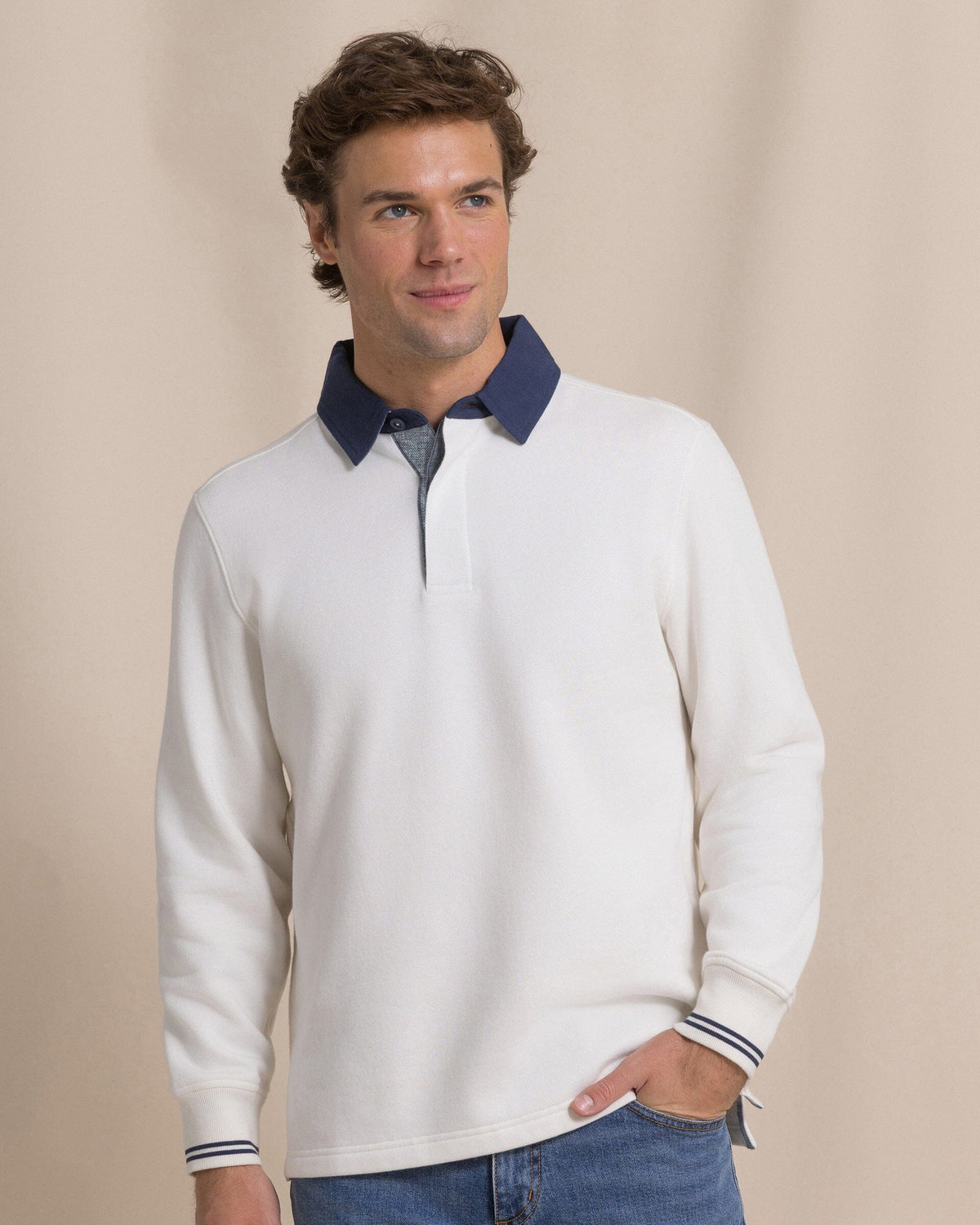 The front view of the Southern Tide Rugby Sweatshirt by Southern Tide - Sand White
