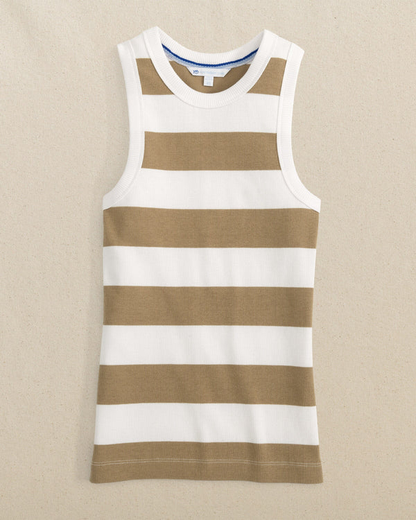 The front view of the Southern Tide Ryan Striped Rib Tank by Southern Tide - Travertine