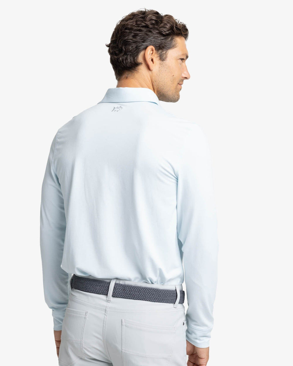 The back view of the Southern Tide Ryder Heather Ridgeway Stripe Long Sleeve Performance Polo by Southern Tide - Heather Cloud White