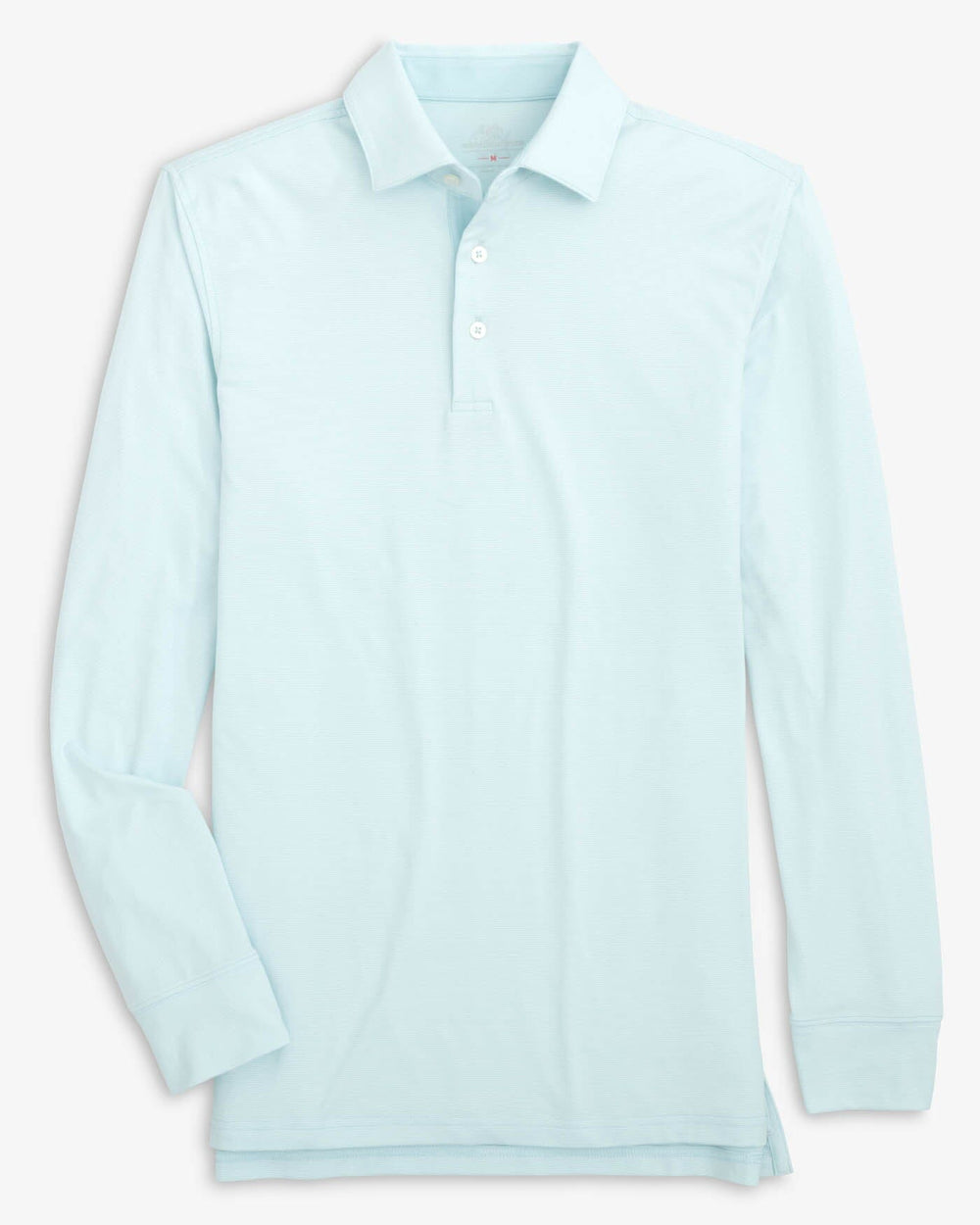 The front view of the Southern Tide Ryder Heather Ridgeway Stripe Long Sleeve Performance Polo by Southern Tide - Heather Cloud White