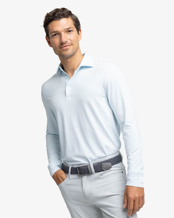 The front view of the Southern Tide Ryder Heather Ridgeway Stripe Long Sleeve Performance Polo by Southern Tide - Heather Cloud White