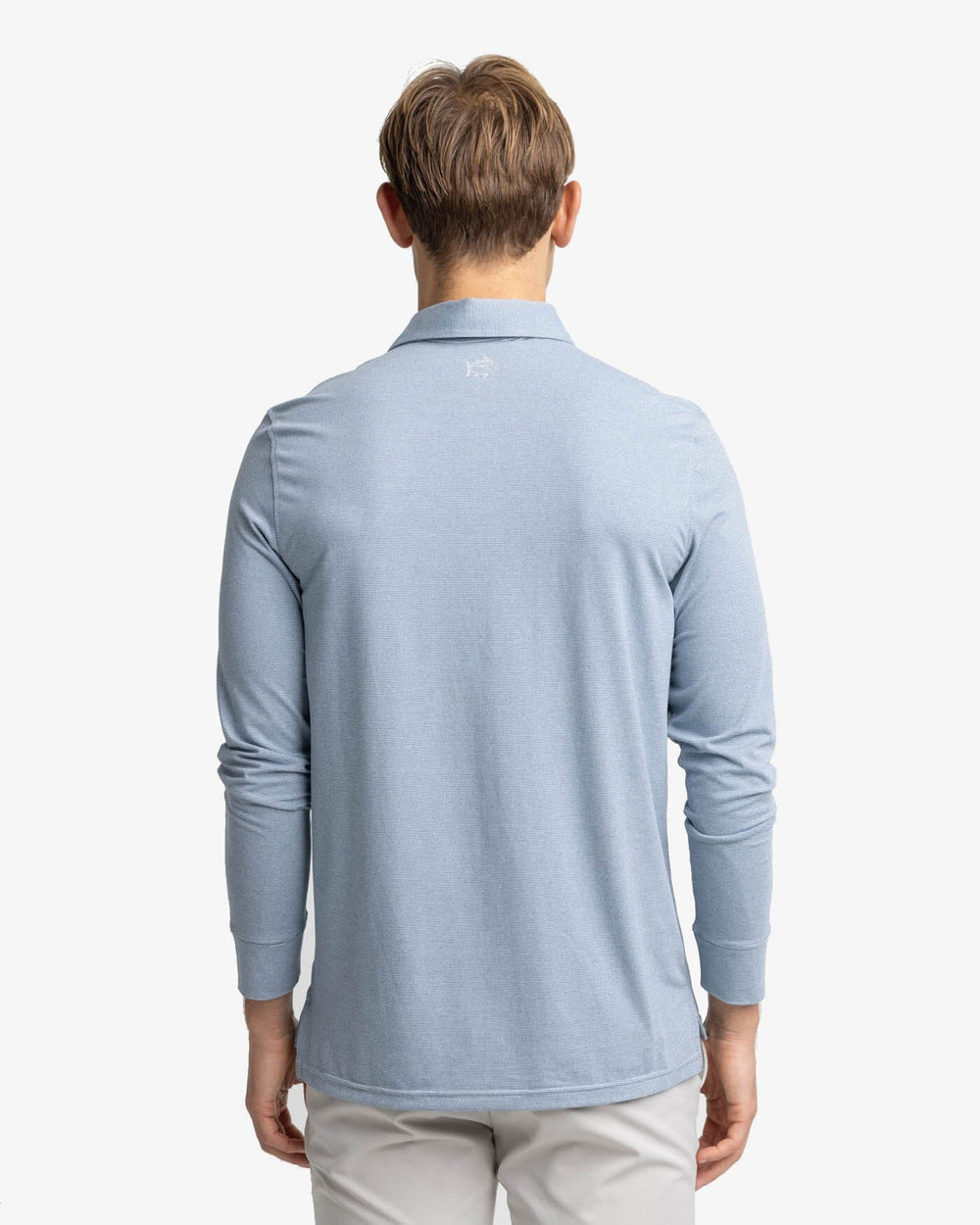 The back view of the Southern Tide Ryder Heather Ridgeway Stripe Long Sleeve Performance Polo by Southern Tide - Heather Dress Blue