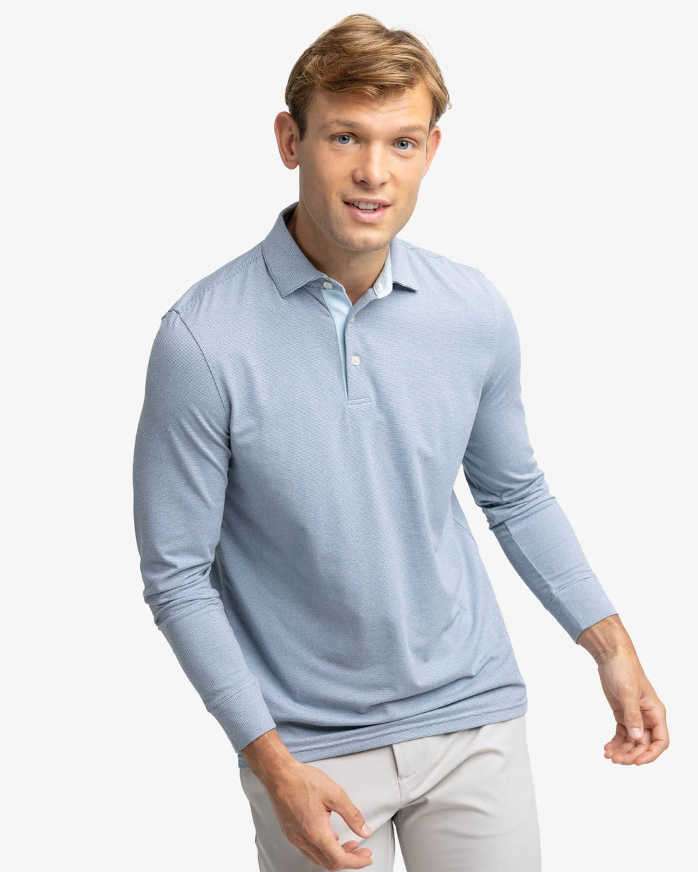 The front view of the Southern Tide Ryder Heather Ridgeway Stripe Long Sleeve Performance Polo by Southern Tide - Heather Dress Blue