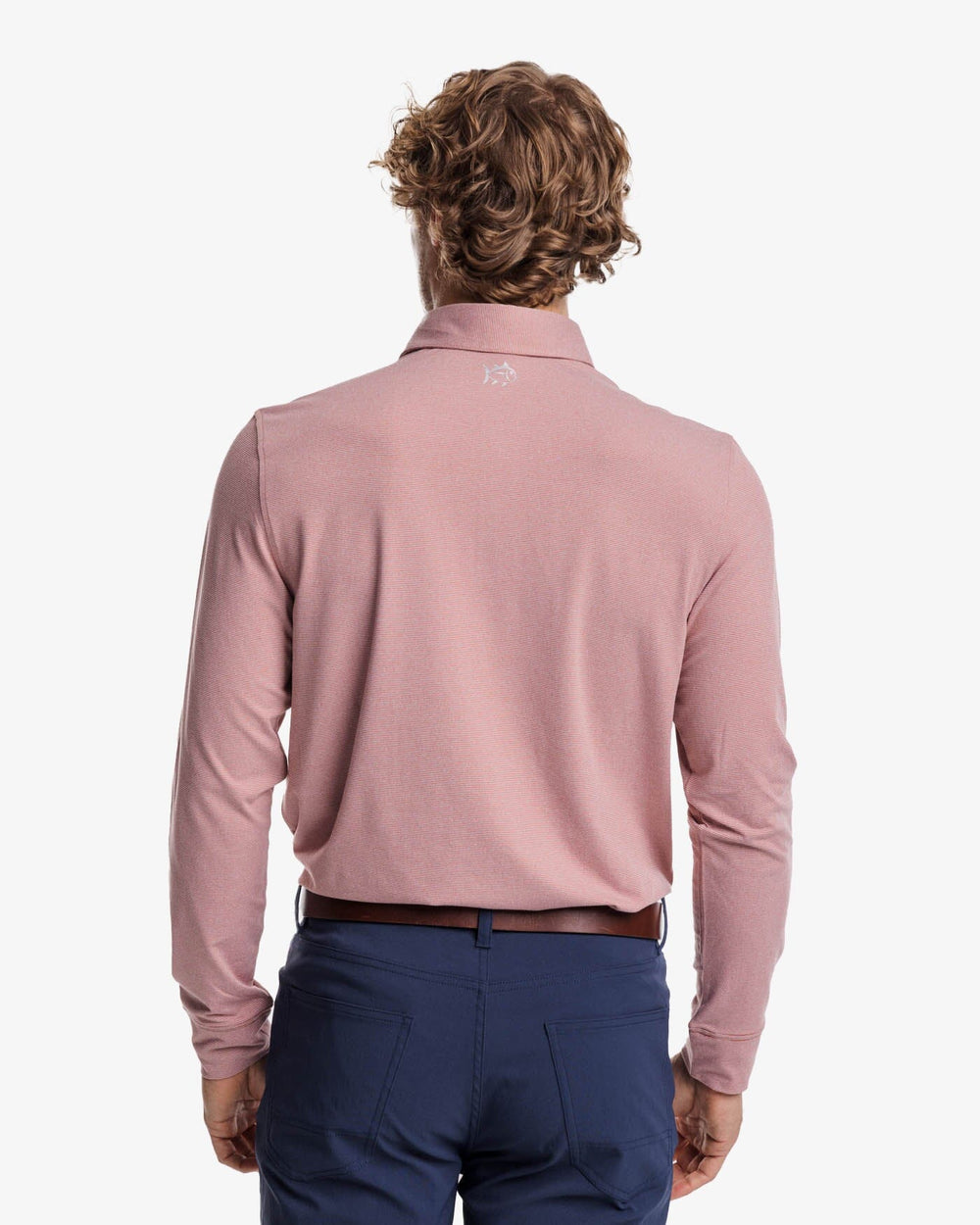 The back view of the Southern Tide Ryder Heather Ridgeway Stripe Long Sleeve Performance Polo by Southern Tide - Heather Dusty Coral