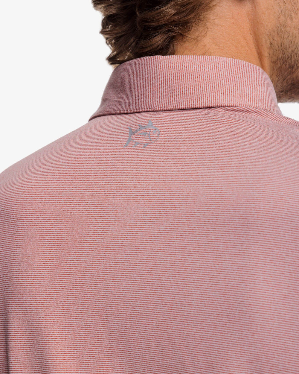 The yoke view of the Southern Tide Ryder Heather Ridgeway Stripe Long Sleeve Performance Polo by Southern Tide - Heather Dusty Coral