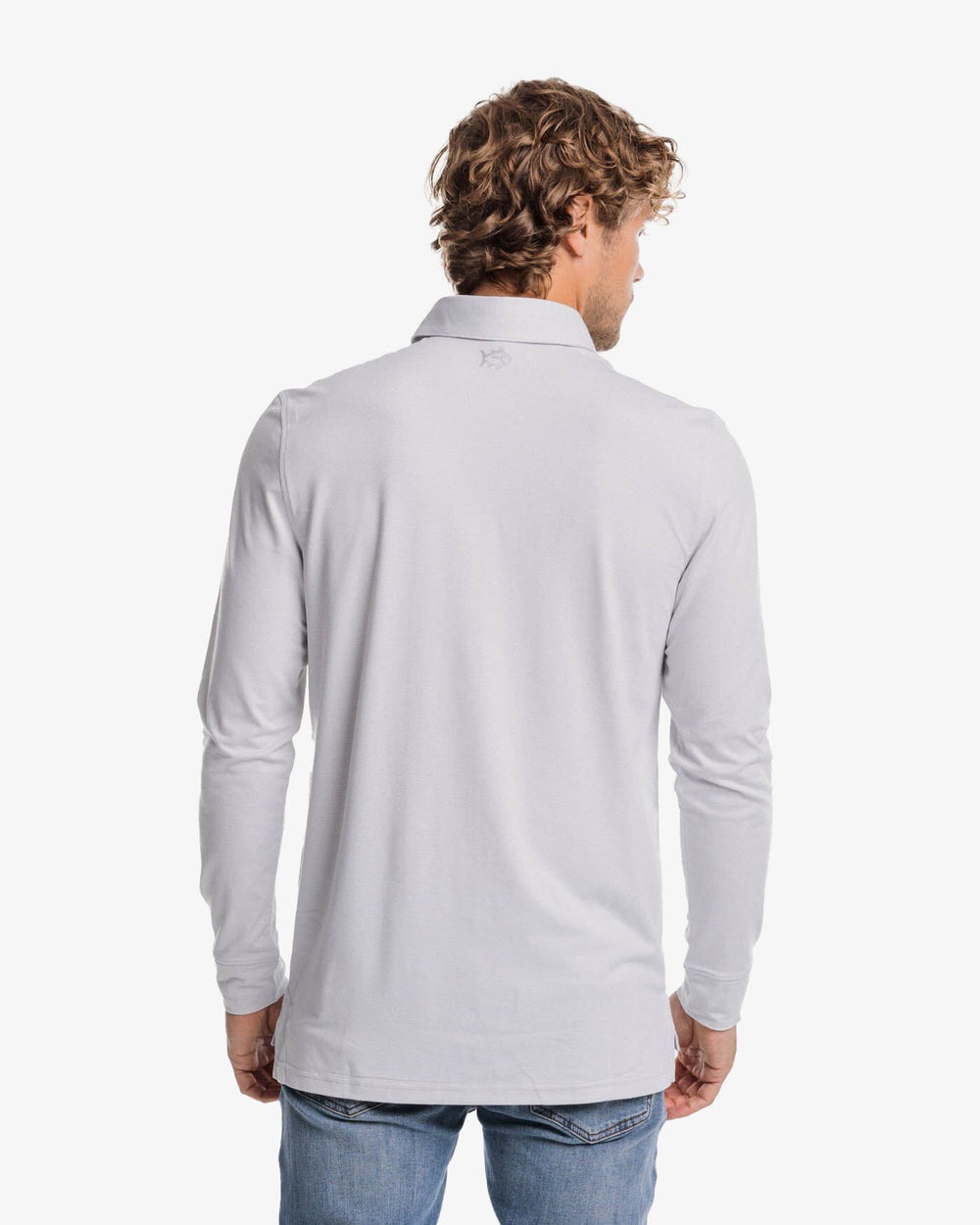 The back view of the Southern Tide Ryder Heather Ridgeway Stripe Long Sleeve Performance Polo by Southern Tide - Heather Platinum Grey
