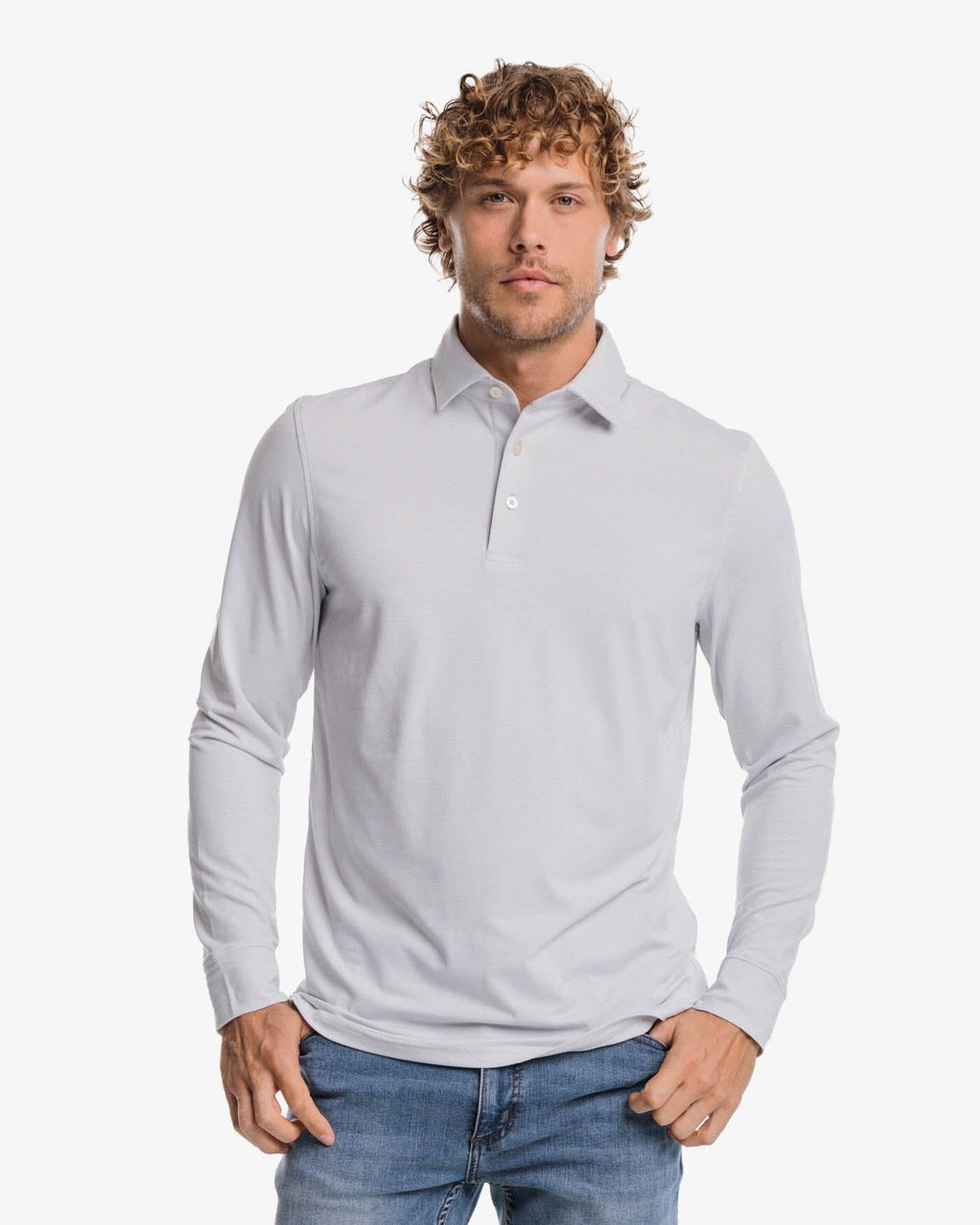 The front view of the Southern Tide Ryder Heather Ridgeway Stripe Long Sleeve Performance Polo by Southern Tide - Heather Platinum Grey