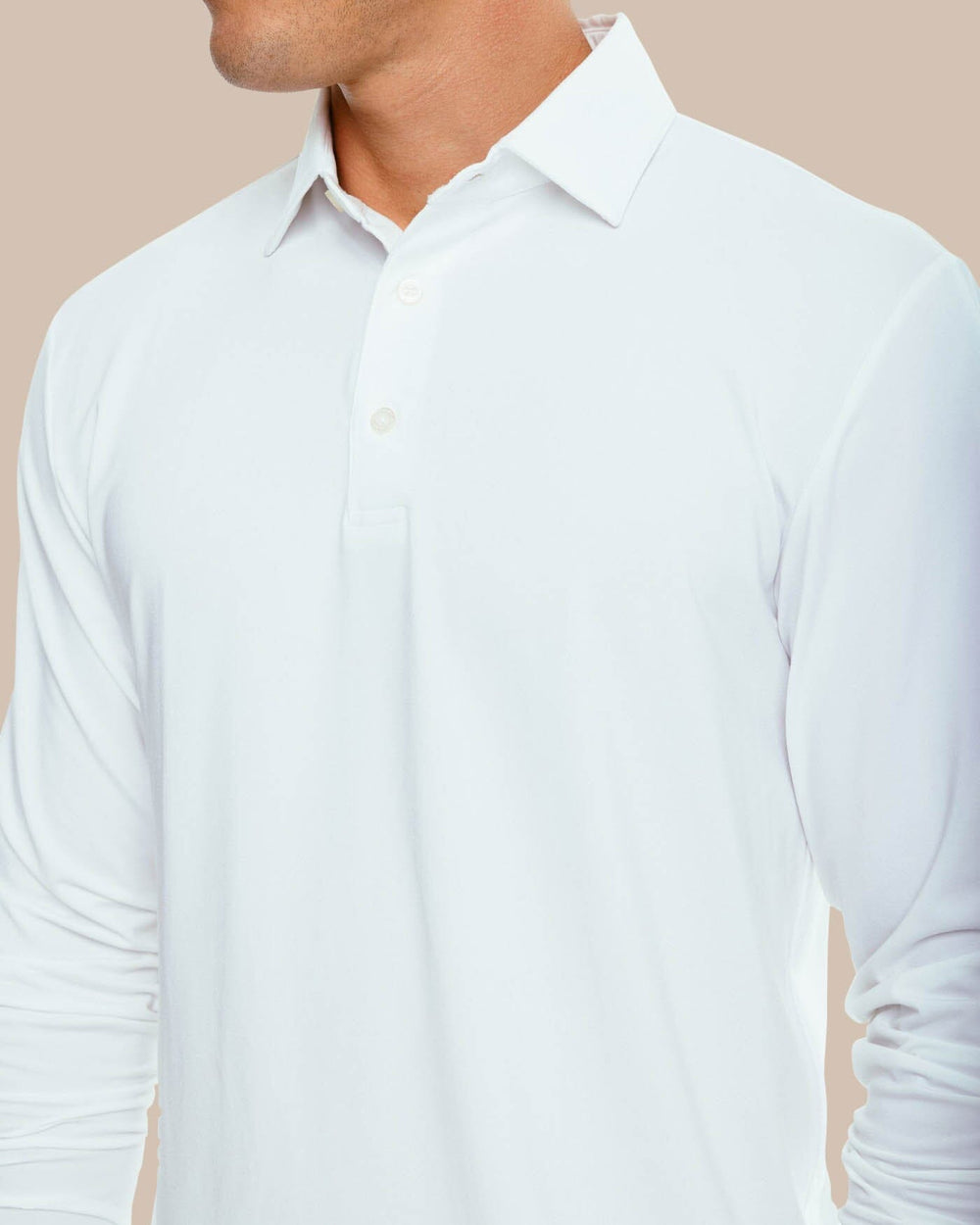 The collar of the Men's Ryder Long Sleeve Performance Polo Shirt by Southern Tide - Classic White