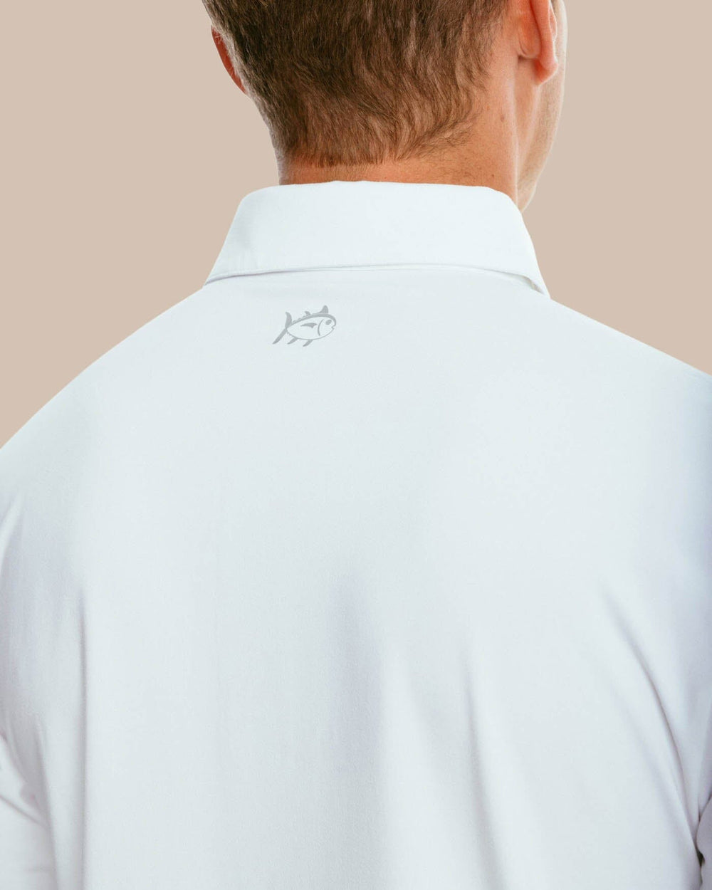 The yoke of the Men's Ryder Long Sleeve Performance Polo Shirt by Southern Tide - Classic White