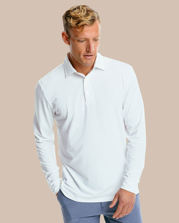The front of the Men's Ryder Long Sleeve Performance Polo Shirt by Southern Tide - Classic White