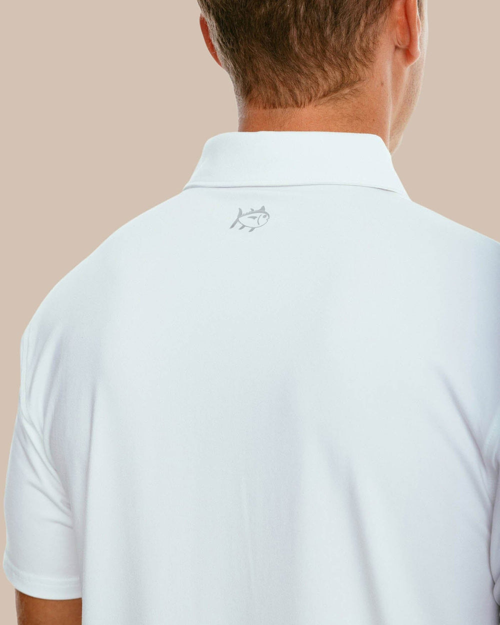 The yoke of the Men's Ryder Performance Polo Shirt by Southern Tide - Classic White