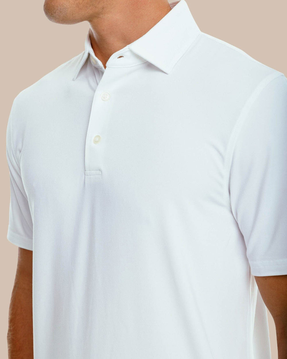 The collar of the Men's Ryder Performance Polo Shirt by Southern Tide - Classic White