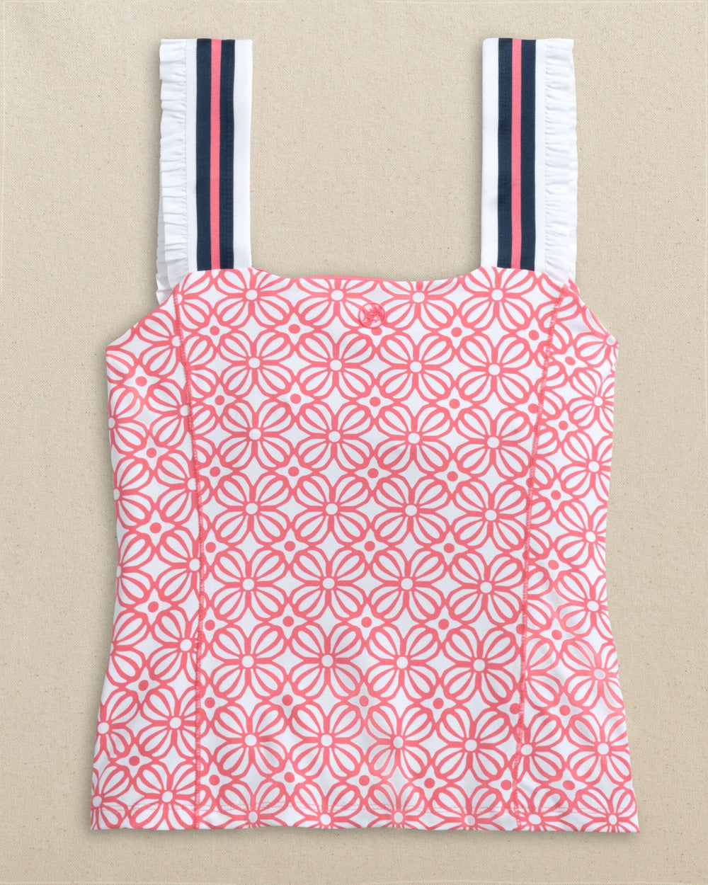 The back view of the Southern Tide Rylee Printed Active Top by Southern Tide - Island Pink