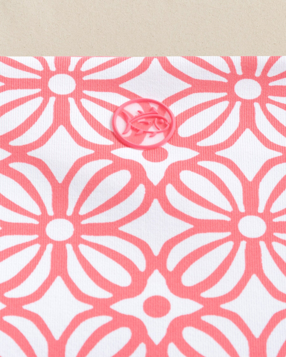 The detail view of the Southern Tide Rylee Printed Active Top by Southern Tide - Island Pink