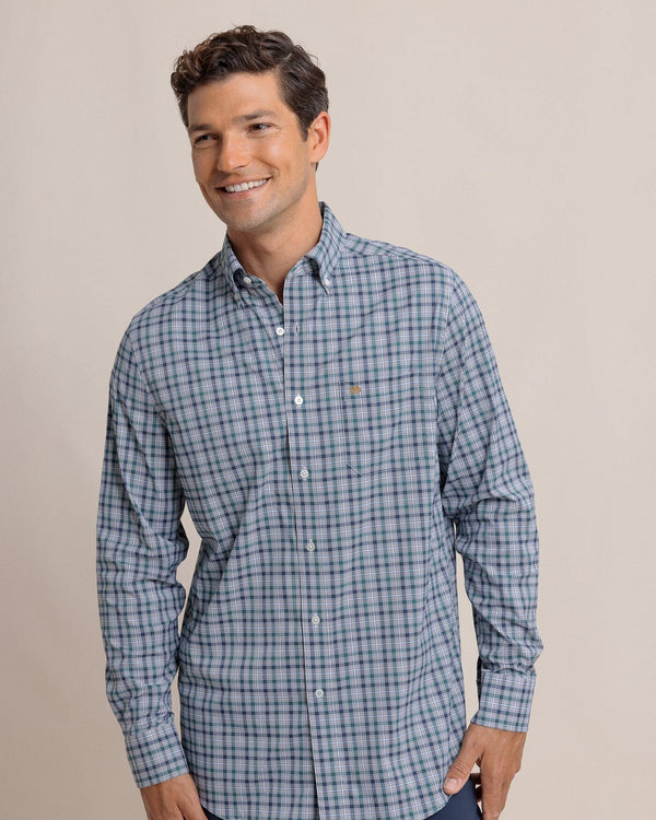 The front view of the Southern Tide Saltgrass Plaid Intercoastal Long Sleeve Sport Shirt by Southern Tide - Salt Meadow