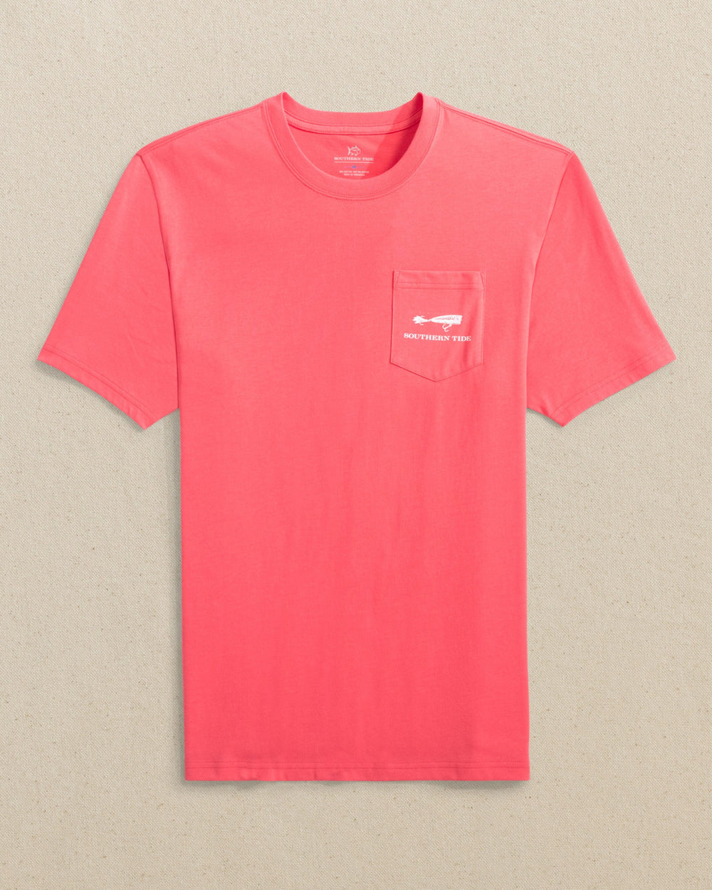 The front view of the Southern Tide Saltwater Lures Short Sleeve T-Shirt by Southern Tide - Sunkist Coral