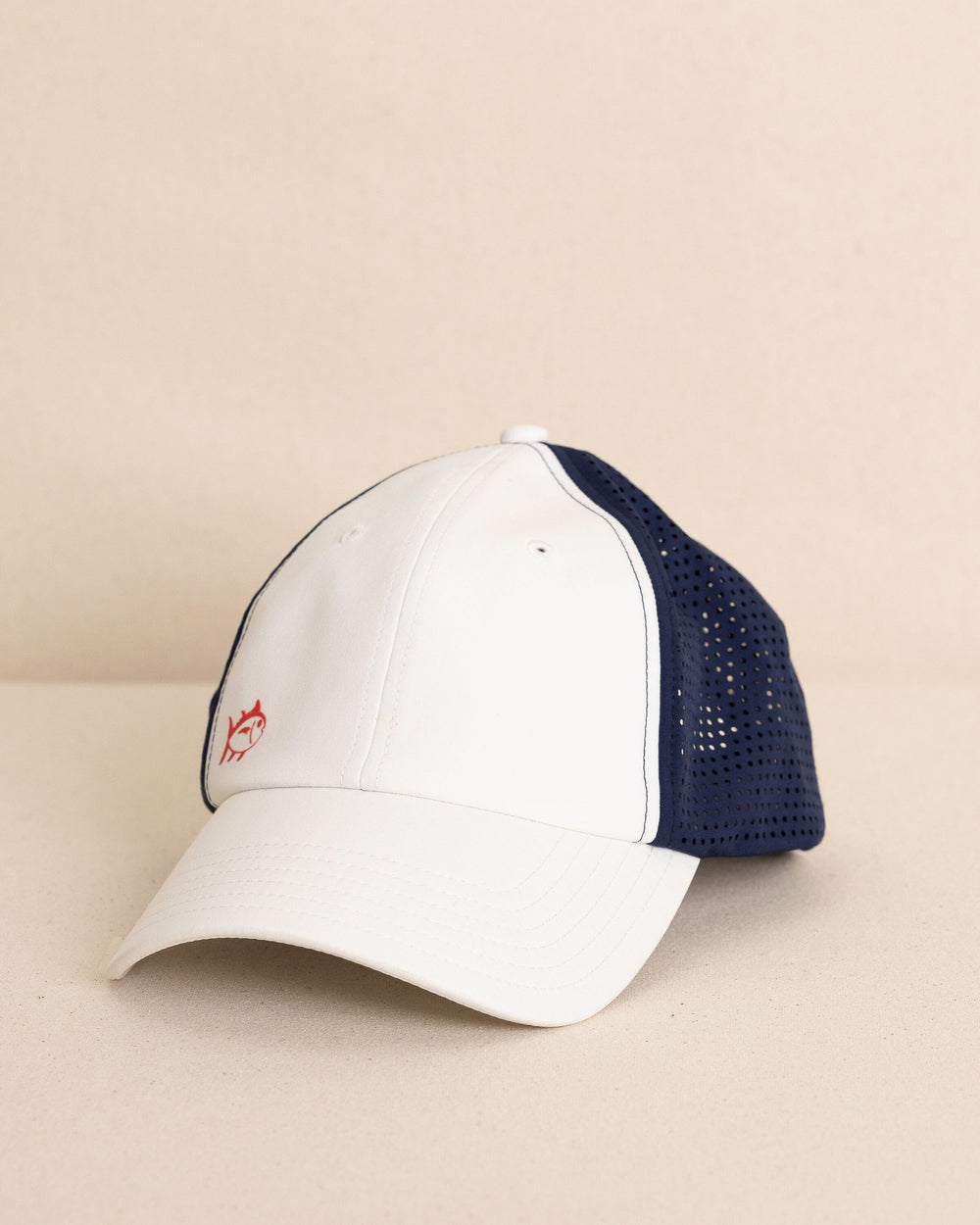 The front view of the Southern Tide Salty Snapback Performance Hat by Southern Tide - White