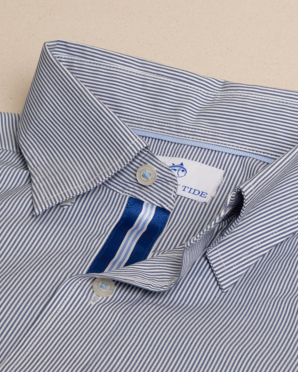 The detail view of the Southern Tide Sampson Stripe Charleston Sport Shirt by Southern Tide - Nautical Blue