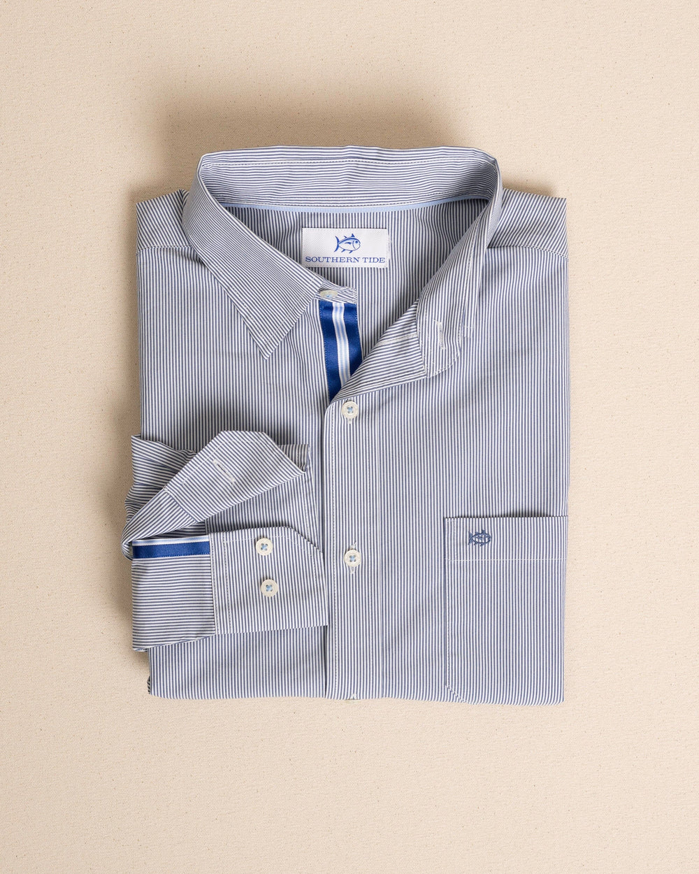 The front detail view of the Southern Tide Sampson Stripe Charleston Sport Shirt by Southern Tide - Nautical Blue