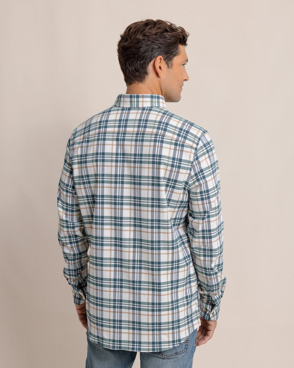 The back view of the Southern Tide Sandbridge Plaid Flannel Intercoastal Long Sleeve Sport Shirt by Southern Tide - Oatmeal