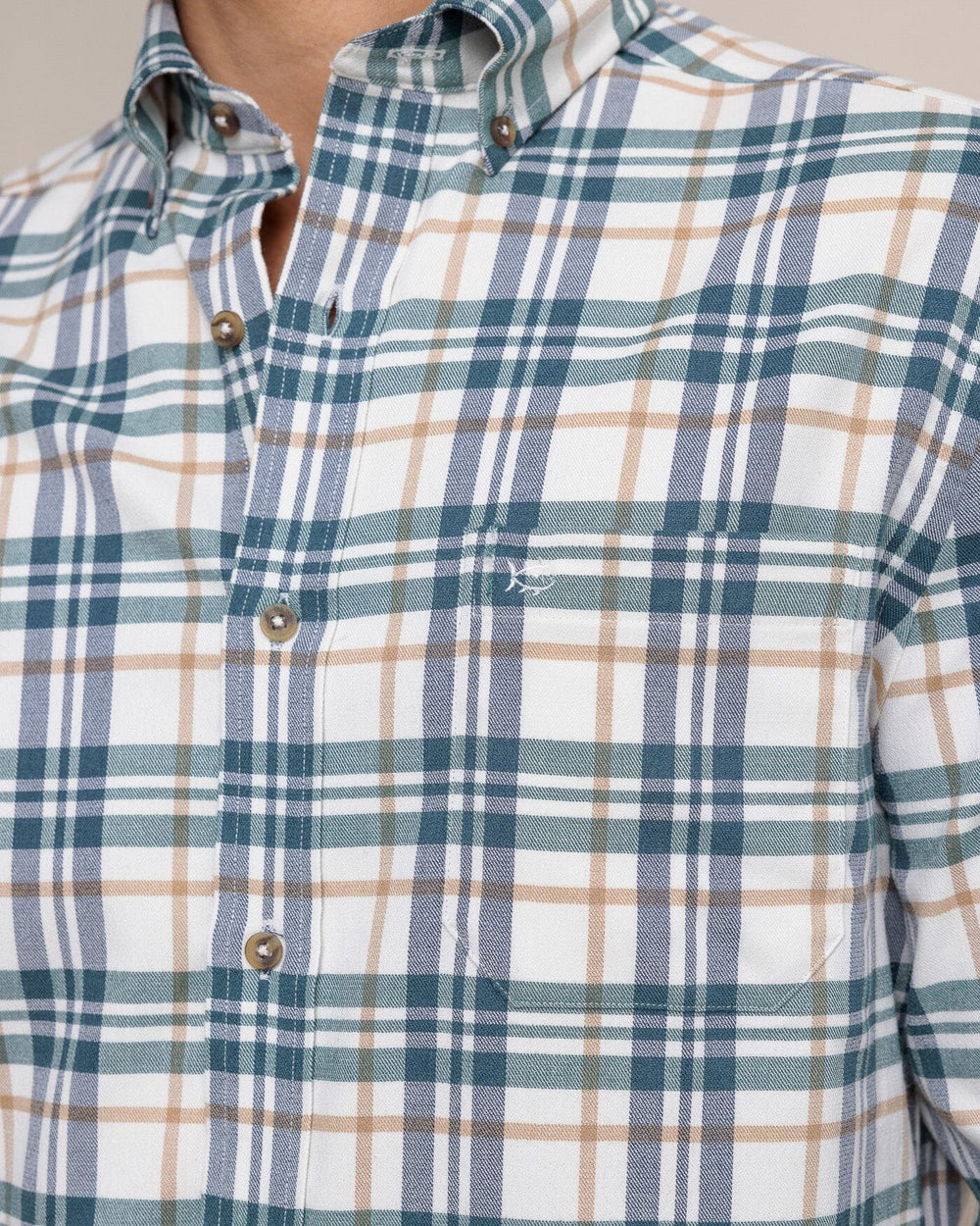 The detail view of the Southern Tide Sandbridge Plaid Flannel Intercoastal Long Sleeve Sport Shirt by Southern Tide - Oatmeal