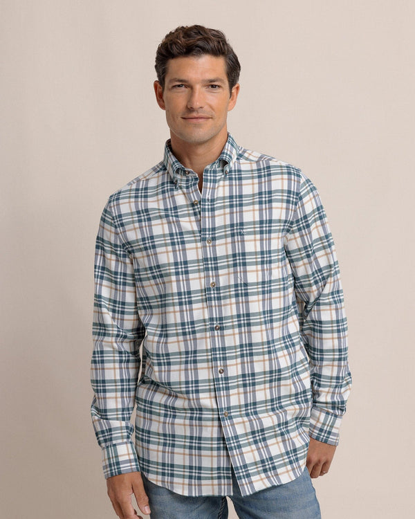 The front view of the Southern Tide Sandbridge Plaid Flannel Intercoastal Long Sleeve Sport Shirt by Southern Tide - Oatmeal