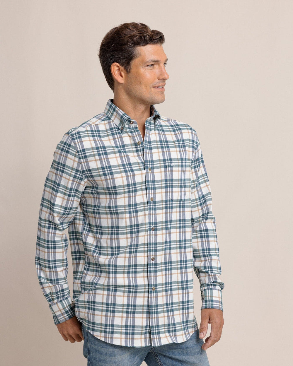 The side view of the Southern Tide Sandbridge Plaid Flannel Intercoastal Long Sleeve Sport Shirt by Southern Tide - Oatmeal