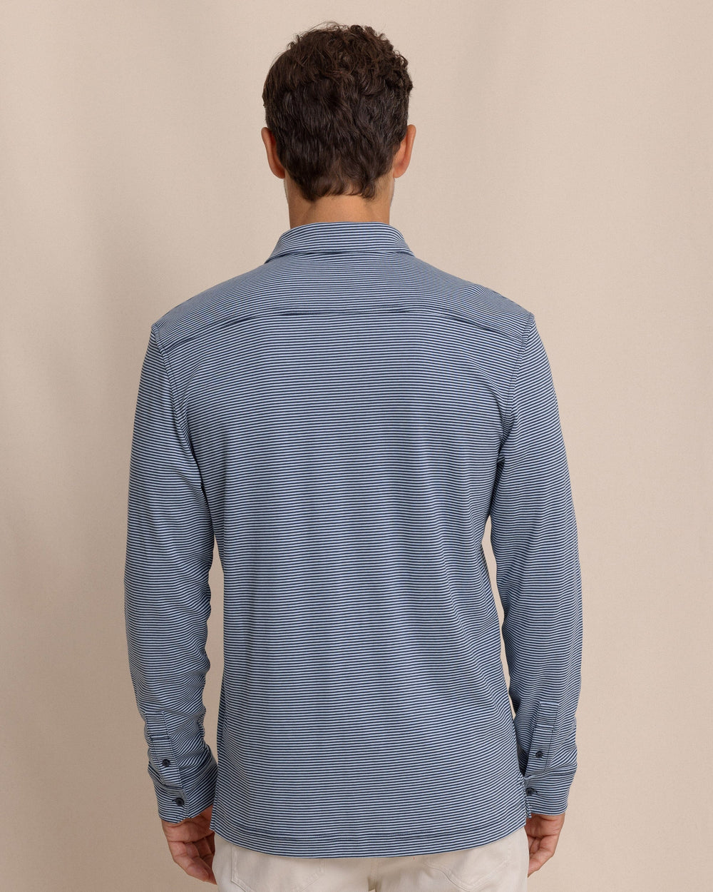 The back view of the Southern Tide Sandy Cay Long Sleeve Knit Polo by Southern Tide - Dress Blue