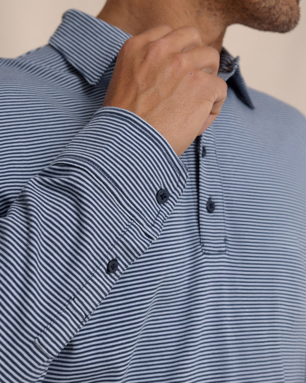 The detail view of the Southern Tide Sandy Cay Long Sleeve Knit Polo by Southern Tide - Dress Blue