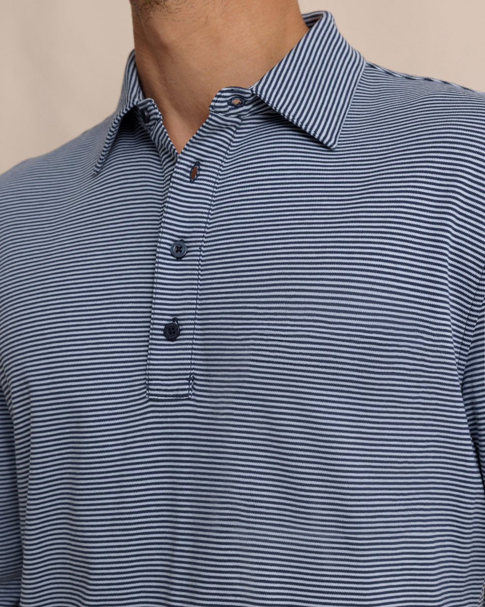 The detail view of the Southern Tide Sandy Cay Long Sleeve Knit Polo by Southern Tide - Dress Blue