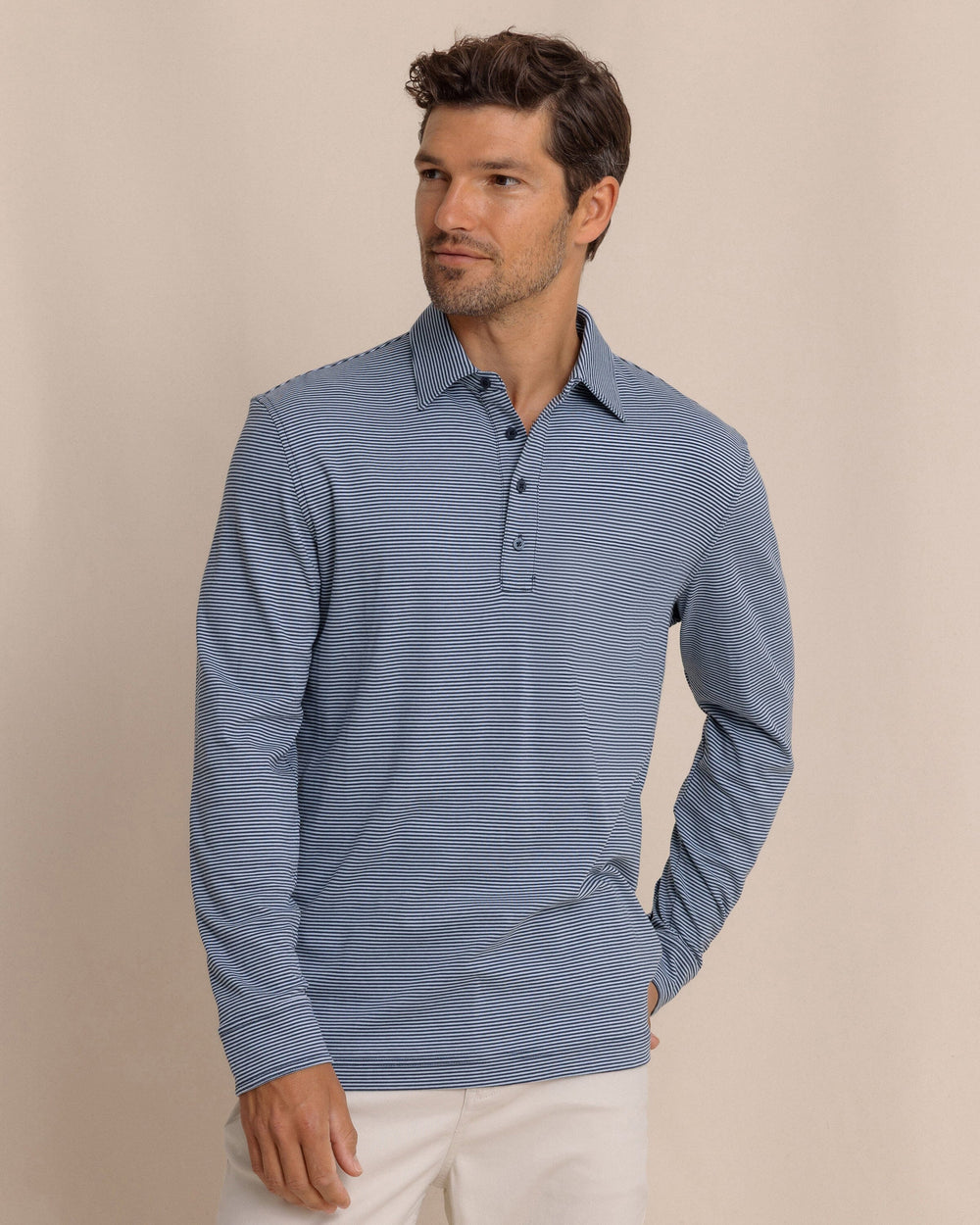 The front view of the Southern Tide Sandy Cay Long Sleeve Knit Polo by Southern Tide - Dress Blue