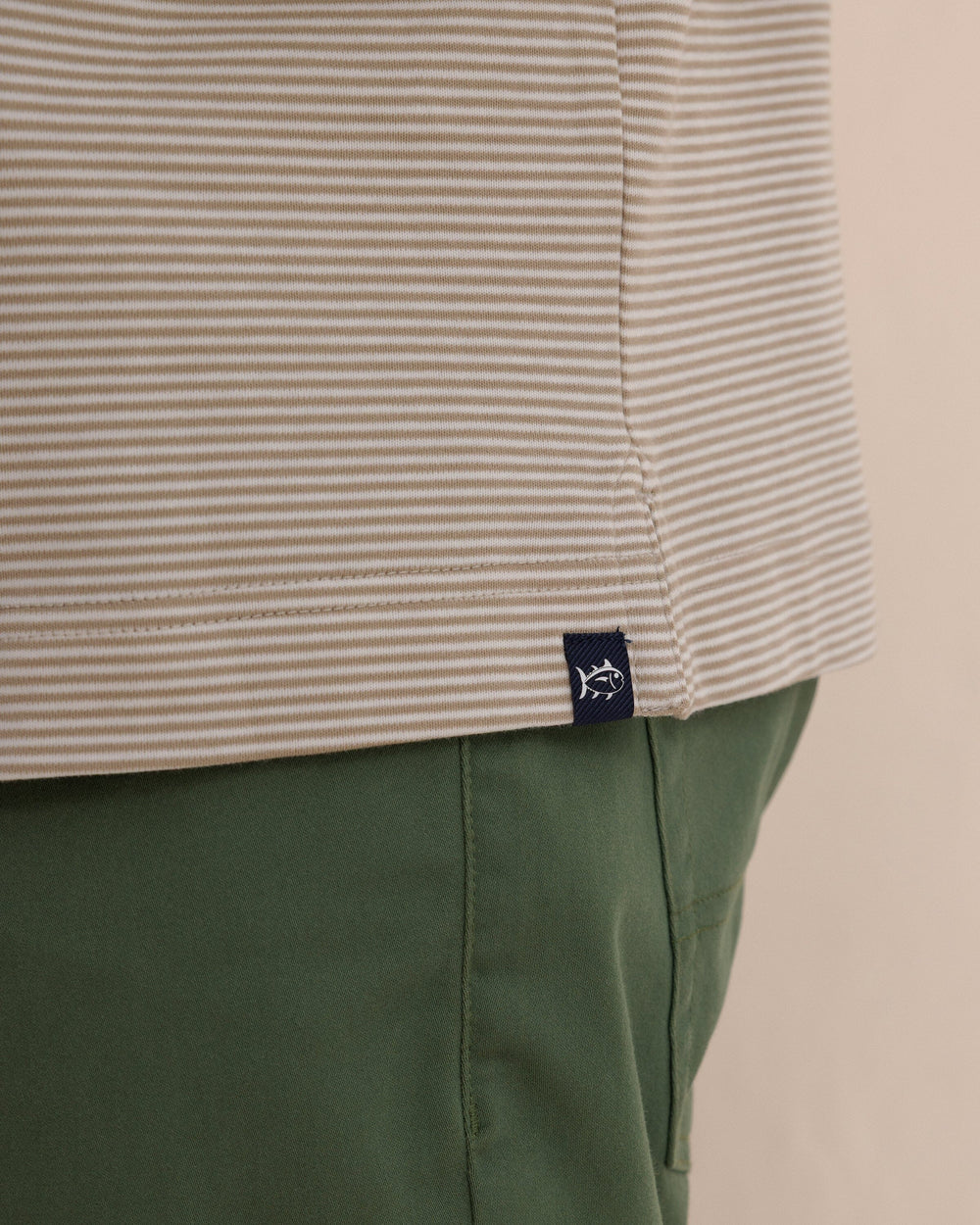 The detail view of the Southern Tide Sandy Cay Long Sleeve Knit Polo by Southern Tide - Sandstone Khaki