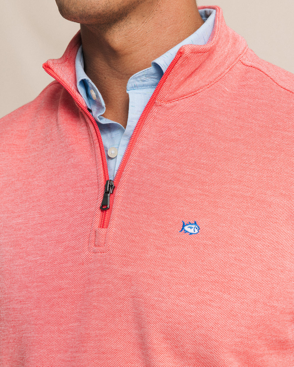 The detail view of the Southern Tide Sandy Cove Pique Quarter Zip by Southern Tide - Channel Marker Red