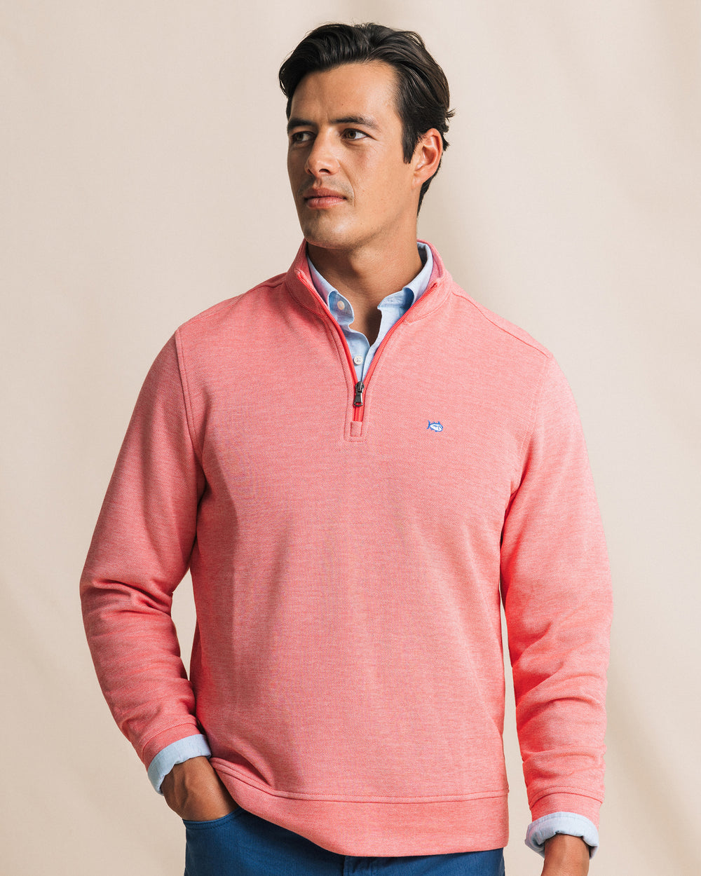 The front view of the Southern Tide Sandy Cove Pique Quarter Zip by Southern Tide - Channel Marker Red