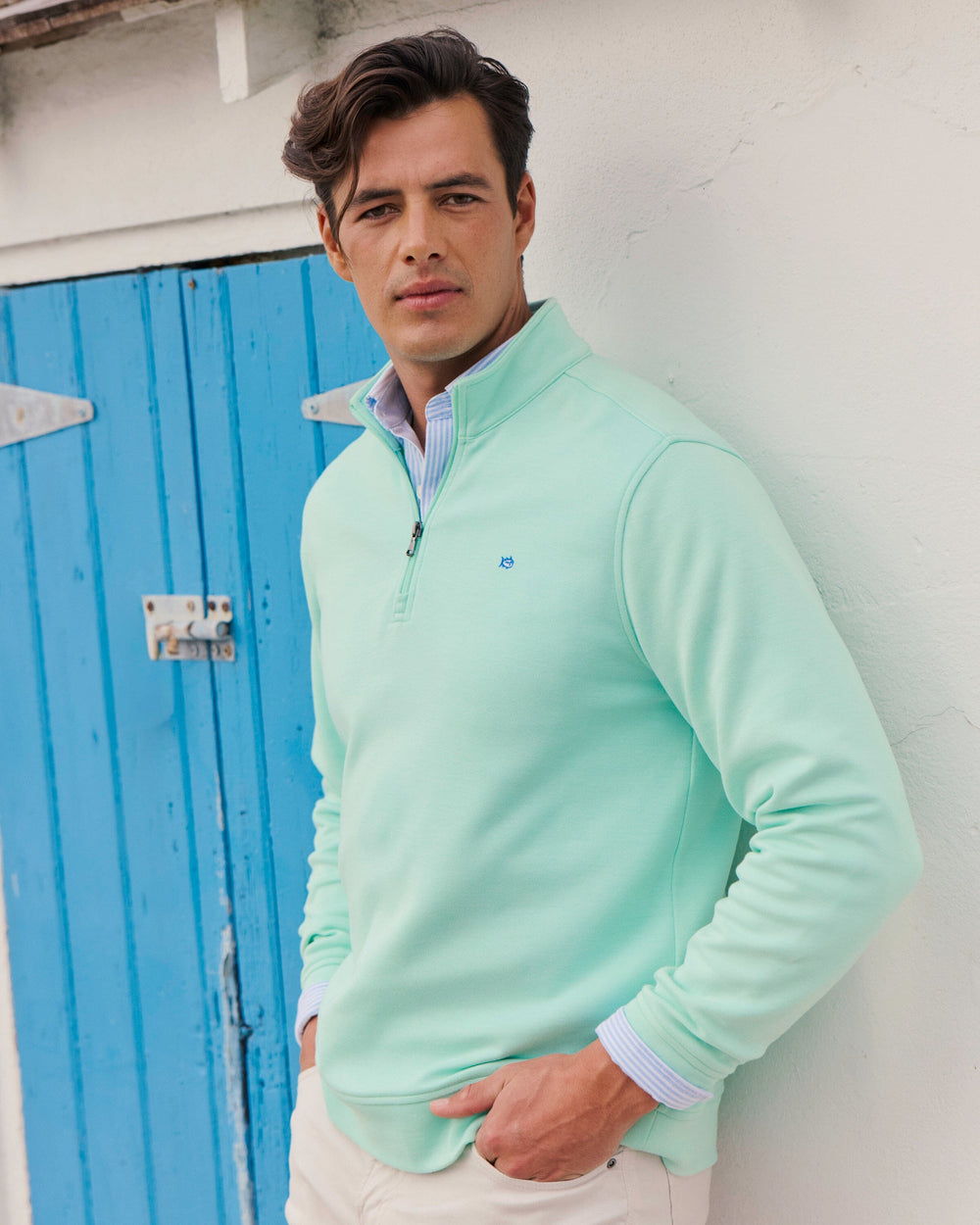 The lifestyle view of the Southern Tide Sandy Cove Pique Quarter Zip by Southern Tide - Gulf Shores